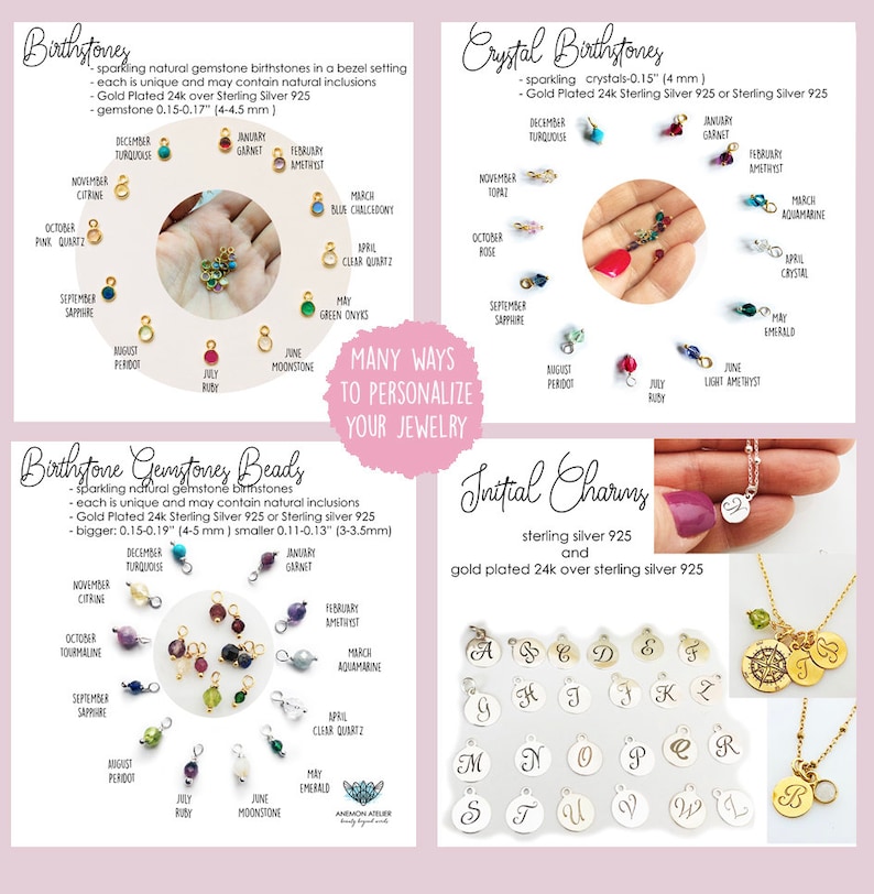 Pu&ograve; includere: Un grafico che mostra le pietre di nascita per ogni mese dell'anno. Il grafico include sia perline di pietre preziose che pietre di nascita di cristallo. Il grafico include anche ciondoli iniziali in argento sterling e argento sterling placcato oro. Il testo sul grafico dice "Tanti modi per personalizzare i tuoi gioielli".