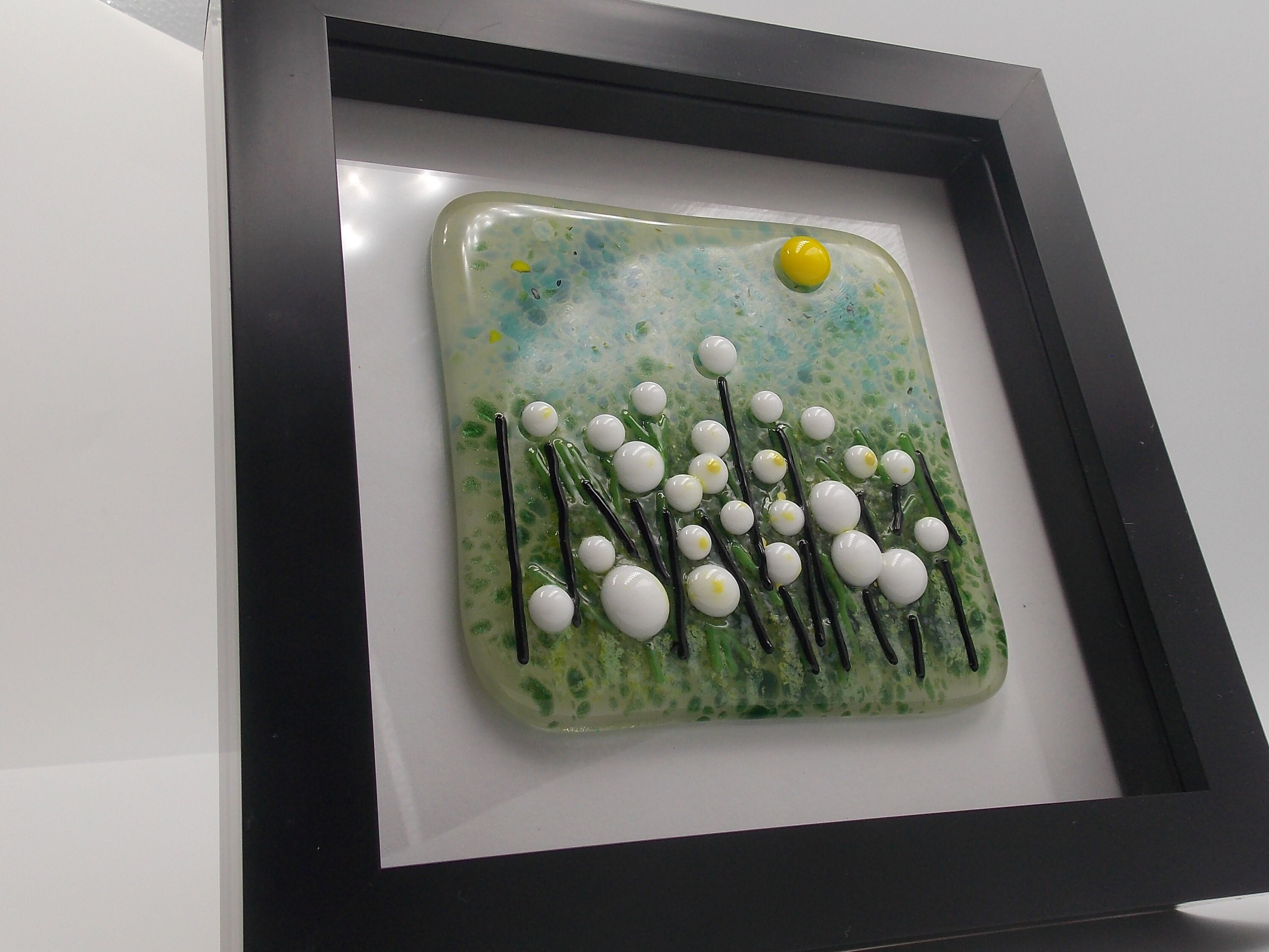Irish Fused Glass- "White abstract flower meadow "