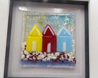 Irish Fused Glass- &quot;Summer Beach Huts in a white wooden box Frame&quot;