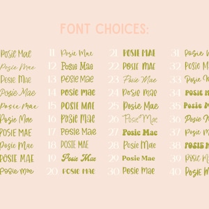 May include: A chart titled FONT CHOICES displaying forty distinct typography styles in gold text on a light pink background. Each style is numbered from 1 to 40 and features the name Posie Mae written in various cursive, serif, and sans-serif fonts.