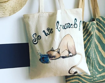 Tote bag sac coton peint~ Chat siamois en quête de son déjeuner