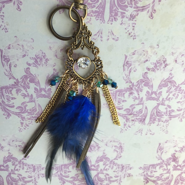 Porte-clé grigri bijoux de sac Strass plume bleu