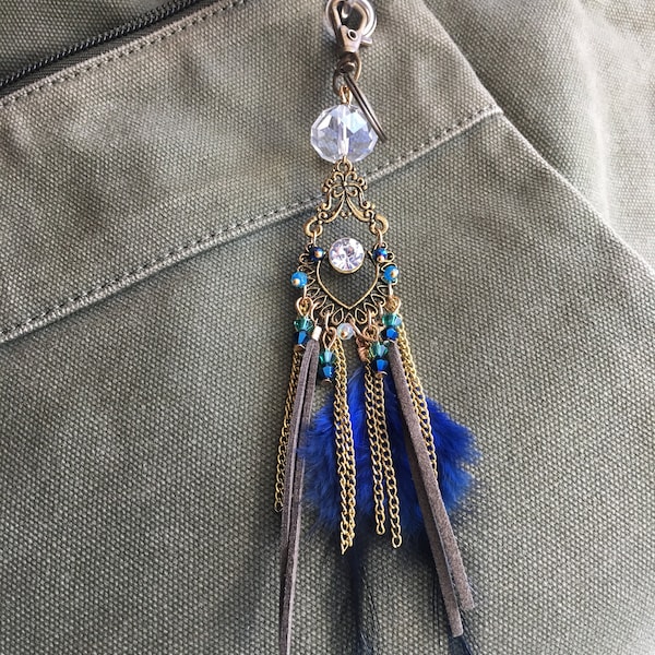 Porte-clé grigri bijoux de sac~ Perle strass plume bleu