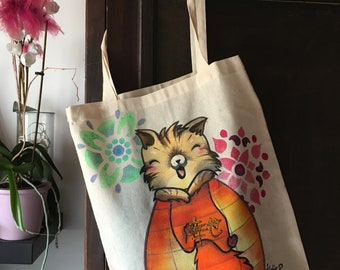 Totebag  sac customisé coton peint~ Chat lanterne