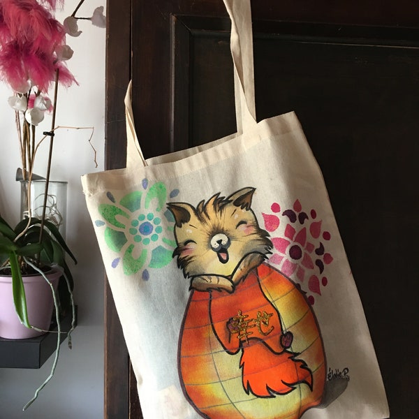 Tote bag sac coton peint~ Chat siamois en quête de son déjeuner