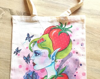 Tote bag  sac coton peint~ strawberry fairy