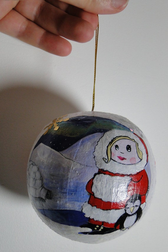 Boule De Noël En Papier Mâché Décoré Petite Esquimau Sur La Banquise