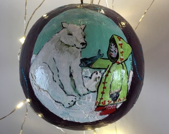 Boule de noël en papier mâche décoré ~ Ours polaire et l'enfant