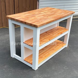 Farmhouse Butcher Block Kitchen Island with Storage & Seating - Solid Wood