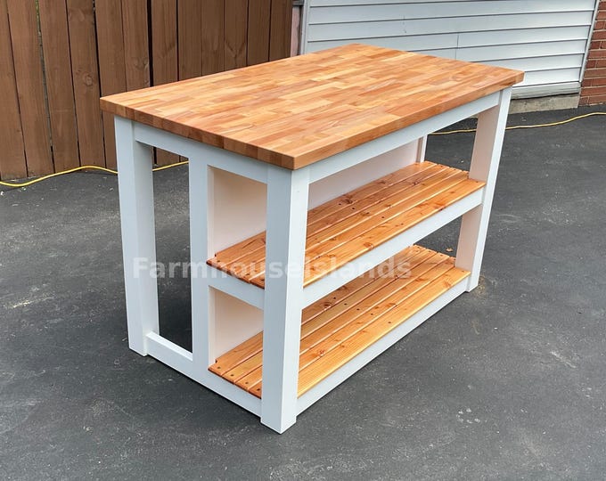 Farmhouse Butcher Block Kitchen Island With Storage & Seating - Solid ...