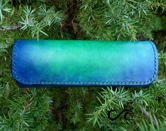 Green and blue leather glasses case