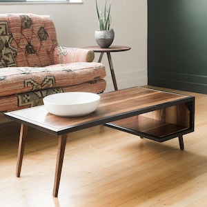 Handcrafted Mid Century Modern Coffee Table: Walnut & Steel Frame