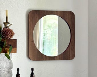 Walnut Wood Square Mirror with Rounded Edges | Handmade Modern Decor