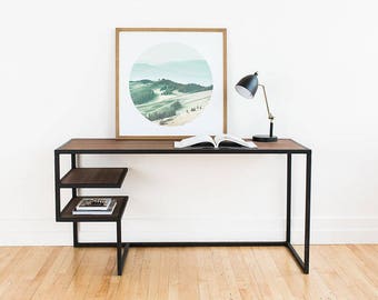 Wood Desk Table for Work with Floating Walnut Oak Shelves Table Steel Frame Industrial Mid Century Modern Handmade Handcrafted