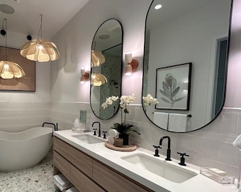 Large Capsule Mirror: Modern Oval Steel Frame, Black or White (20x42)