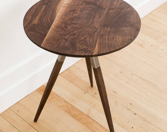 Handcrafted Mid Century Round End Table: Walnut & Steel Accent Table
