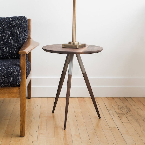 Mid Century End Table Wood Metal Round Side Accent Table Wood White Oak Walnut Steel Circle Modern Night Stand Industrial Handcrafted