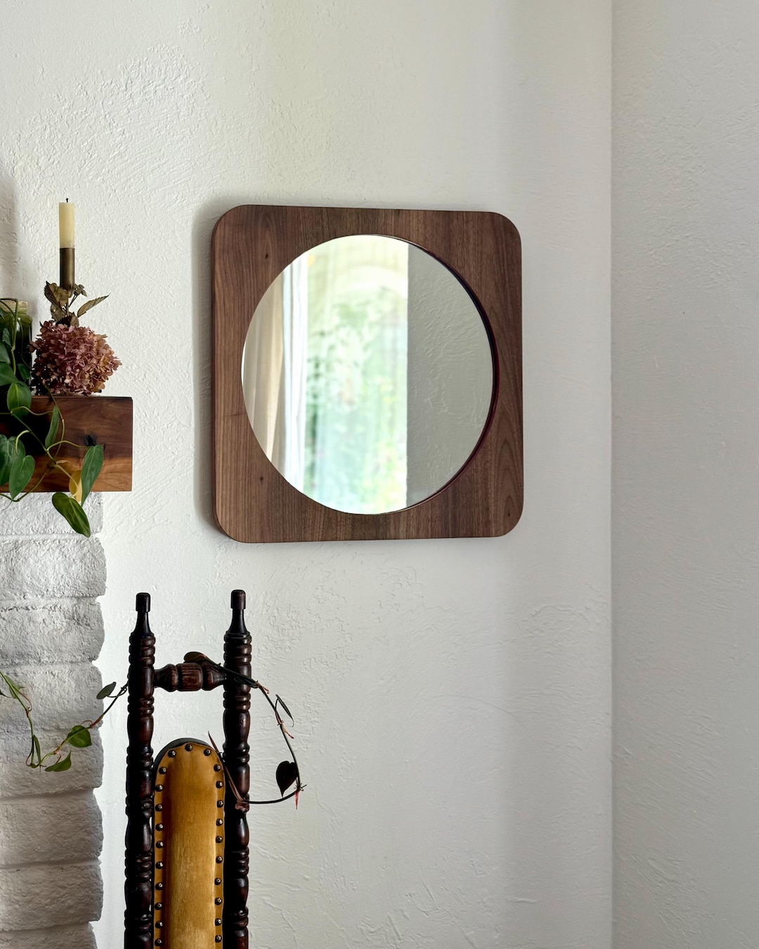 Walnut Wood Square Mirror With Rounded Edges | Handmade Modern Decor - Etsy