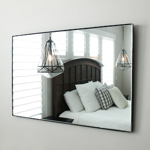 Large Modern Wall floating Mirror Bathroom Vanity Decorative Industrial Infinity Steel Framed Frameless Metal Black Iron Steel metal Finish