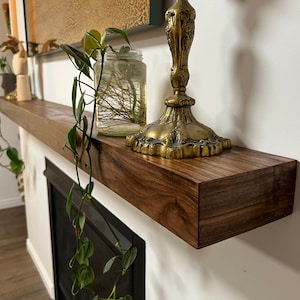 Custom Floating Walnut Wood Beam Fireplace Mantel — Floating Wood Beam Shelf — Walnut Fireplace Mantel