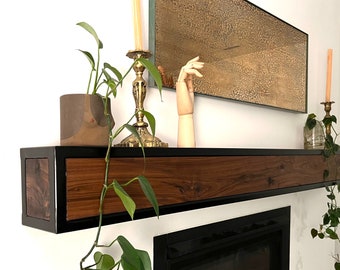 Floating Fireplace Mantel: Solid Walnut & Steel Beam, Rustic Wall Shelf