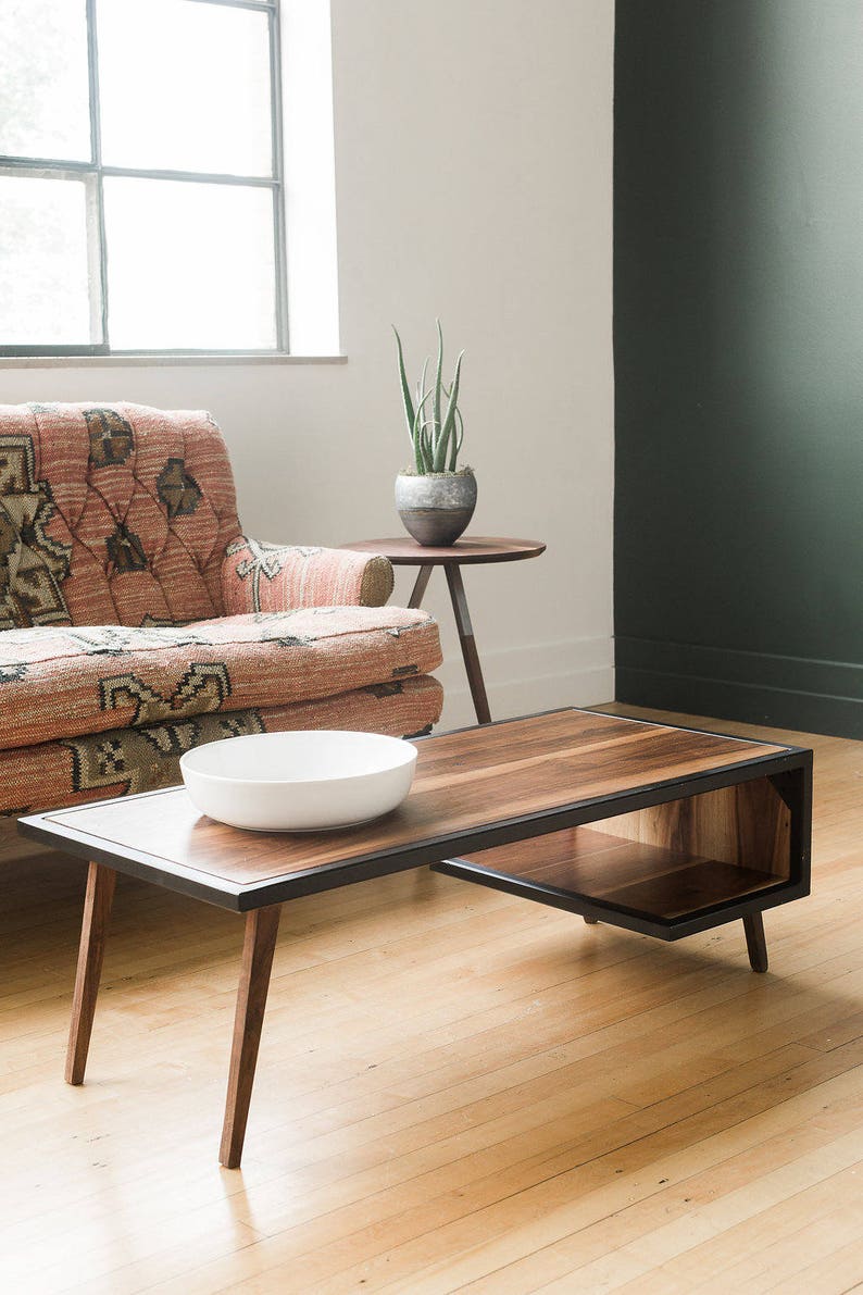 Wood Steel Coffee Table Metal Frame Mid Century Modern Industrial Furniture Living Room Small Walnut White Oak Wooden Handmade Handcrafted afbeelding 7