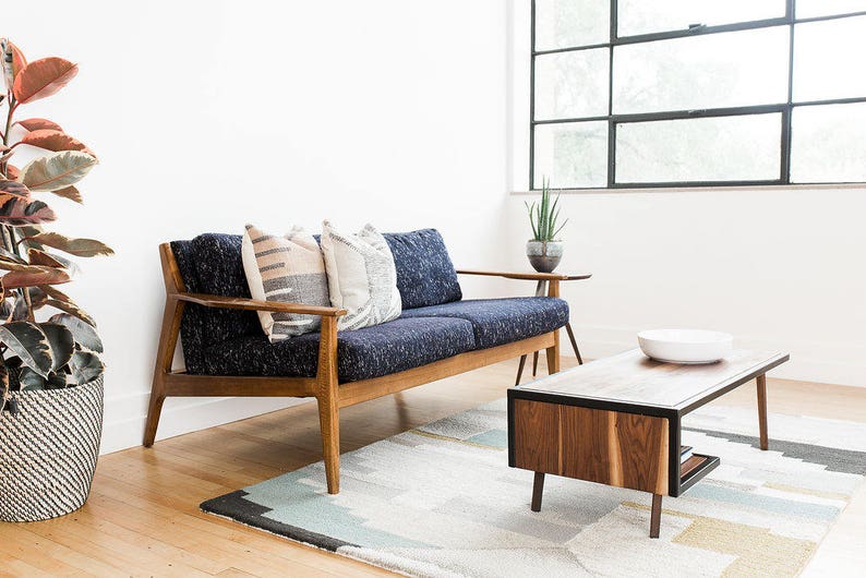 Wood Steel Coffee Table Metal Frame Mid Century Modern Industrial Furniture Living Room Small Walnut White Oak Wooden Handmade Handcrafted afbeelding 3