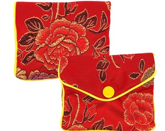 Set of 12 Embroidered Silk Brocade Jewelry Pouches, Small Chinese Gift Bags with Zipper, 2.5 x 3 Inch Jewelry Storage Pouch Bulk Pack