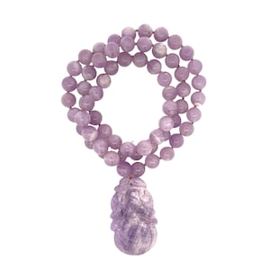10MM Lavender Amethyst Gemstone Beaded Necklace with Large Carved Medallion - 30 Inches Long