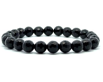Black Onyx Bracelet for Men Women, Unisex Faceted 8mm Gemstone Stretch Beaded Bracelet, Protection Grounding Healing Crystal Jewelry