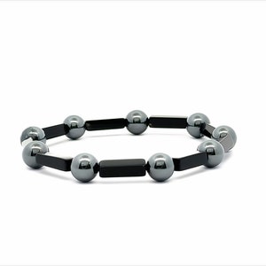 Genuine Black Onyx and 8mm Hematite Gemstone Stretch Beaded Bracelet | Unisex Men Women Jewelry