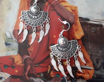 boucles d'oreilles ethnique amérindienne argenté plume 7 cm x 4,5 argent 925 LB création