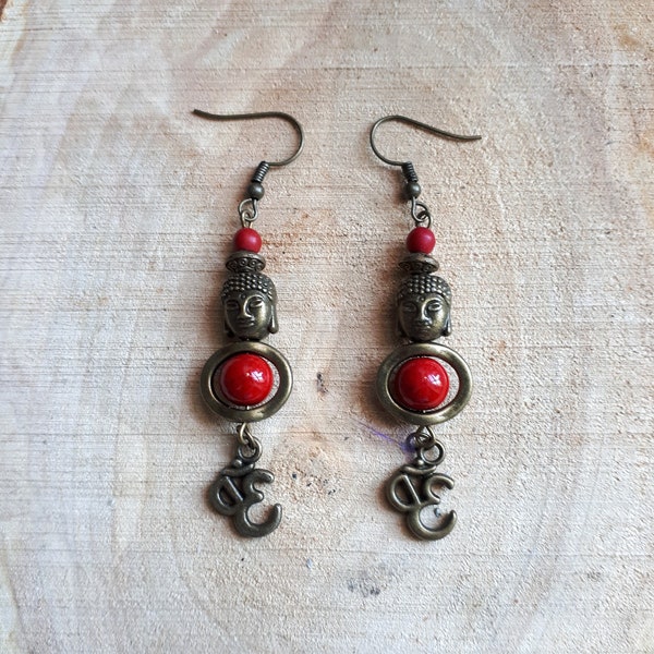 boucles d'oreilles métal coloris bronze bouddha  corail rouge 7 cm ethnique