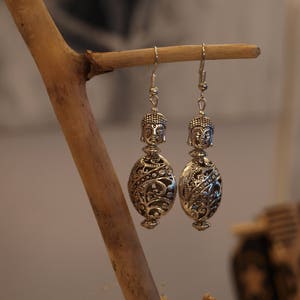 Etnische tribale Tibetaanse zilveren Boeddha-oorbellen, 925 zilver, 6 cm LB-creatie