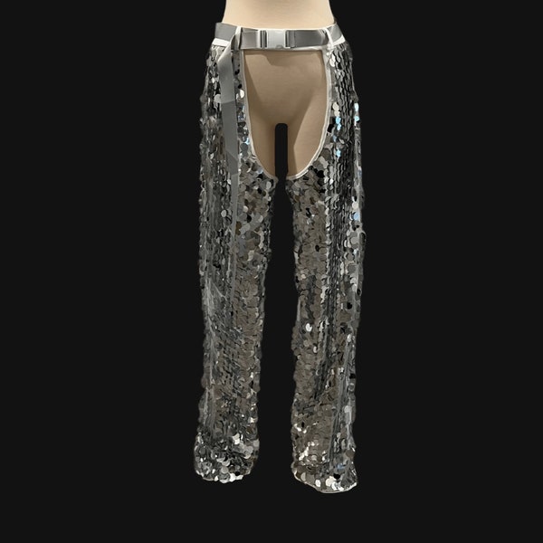 Silver Bling Bling Sequin Chaps- Festival Accessories/ Burning Man/ Rave/Festival Fashion/ Festival Outfit