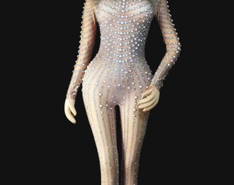 Nude Pearl FULL Bodysuit- Festival Accessories/ Burning Man/ Rave/ Coachella Outfit/ Festival Fashion/ Festival Outfit