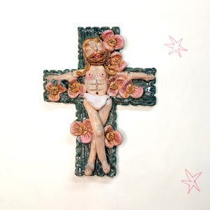 Colorful Jesus on a Cross with Flowers, Jesus Christ Figurine, Catholic Cross, Little Statue for the Wall, Home Decoration, Fun Present