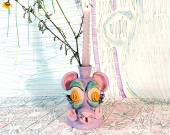 Lilac Weasel Candle Holder, Purple Ceramic Candleholder, Pink Candlestick Holder, Animal Home Decor, Weird House Decoration, Fun Living Room
