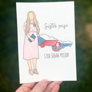 May include: A watercolor illustration of a woman wearing a pink dress and holding a book. The illustration is set against a background of the Czech Republic and Slovakia flag with the text "Sister Page Czech Slovak Mission".