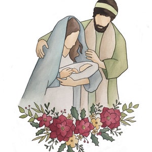 May include: A watercolor painting of the Holy Family. Mary, Joseph, and the baby Jesus are depicted in a soft, muted color palette. The painting is framed by a wreath of holly and poinsettia flowers.