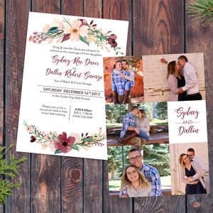 May include: Wedding invitation with floral design and a collage of photos of the couple. The invitation announces the marriage of Sydney Rae Davis to Dallin Robert Savage on Saturday, December 16th, 2017 at the Cedar City Utah Temple. The reception will be held at 500 S. 1100 W. Cedar City, Utah from 6:00-8:00pm.