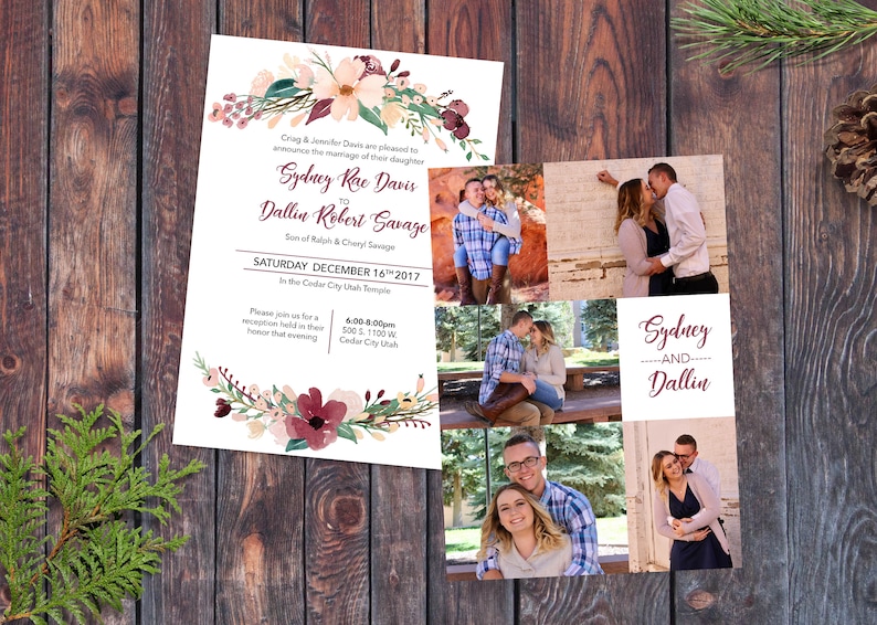 May include: Wedding invitation with floral design and a collage of photos of the couple. The invitation announces the marriage of Sydney Rae Davis to Dallin Robert Savage on Saturday, December 16th, 2017 at the Cedar City Utah Temple. The reception will be held at 500 S. 1100 W. Cedar City, Utah from 6:00-8:00pm.