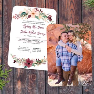 May include: Wedding invitation with floral design and a photo of a couple. The invitation announces the marriage of Sydney Rae Davis to Dallin Robert Savage on Saturday, December 16th, 2017 at the Cedar City Utah Temple. The reception will be held at 500 S. 1100 W. Cedar City, Utah from 6:00-8:00pm.