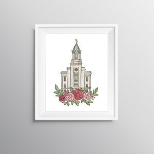 May include: A white watercolor illustration of a temple with a gold statue on top, surrounded by pink and red roses with green leaves.