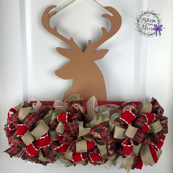 Deer Painted Wooden Door Hanger With Deco Mesh Bows Deer Door Decor Deer Decoration Deer Decor Reindeer Door Hanger Reindeer Decor