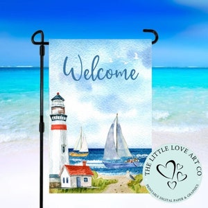 Willkommen Garten Flagge Sublimation Design, Sommerhaus Flagge, Strandhaus Flagge, Leuchtturm, Meer, Segelboote, sofortiger digitaler Download