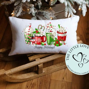 Funda de almohada lumbar con diseño PNG de bebidas navideñas y felices fiestas, lindas tazas navideñas, diseño de almohada, 17 x 10 pulgadas, DESCARGA DIGITAL