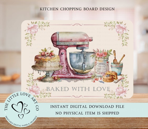 Baked With Love Pink Mixer Kitchen Cutting Board Design, Kitchen Chopping Board, PNG, Tempered Glass Board Design, Instant Digital Download