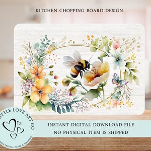 May include: A digital download design for a kitchen chopping board featuring a watercolour illustration of a bee, flowers, and a butterfly in a wreath shape. The design is on a white wood background with the text "THE LITTLE LOVE ART CO PRINTABLE DIGITAL PAPER & GRAPHICS" in a circle.