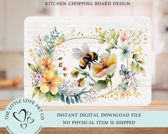 May include: A digital download design for a kitchen chopping board featuring a watercolour illustration of a bee, flowers, and a butterfly in a wreath shape. The design is on a white wood background with the text "THE LITTLE LOVE ART CO PRINTABLE DIGITAL PAPER & GRAPHICS" in a circle.